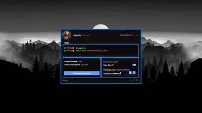 UEFI tab with permanent spoof switch, GPU and ethernet toggles, and a seed input on a dark dashboard skin.